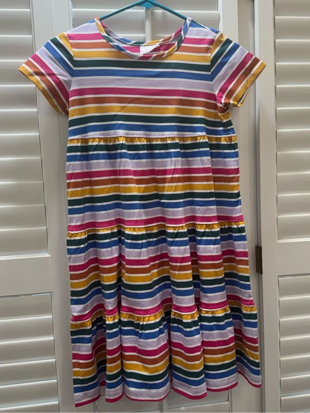 Hanna Andersson Rainbow Striped Tiered Dress - Pink, Yellow, Blue, Green